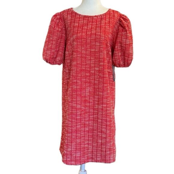 NWT ModCloth Red White Chic Shift Textured Dress Puff Sleeve Key Hole Closure - Picture 1 of 7